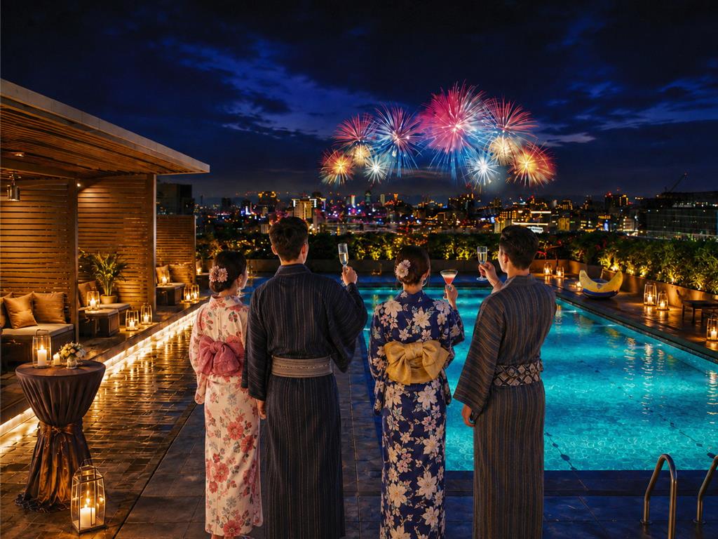 迎接「台北大稻埕夏日節」最終回煙火秀,台北晶華酒店於8月15日推出「屋台煙火假期」住房專案,結合住宿、美食、浴衣體驗與夜間煙火派對,邀民眾以一站式的住宿體驗感受台北盛夏最精彩的一夜。圖/台北晶華提供